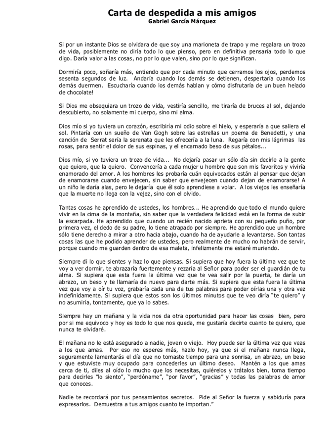 Carta de despedida de Gabriel García Márquez