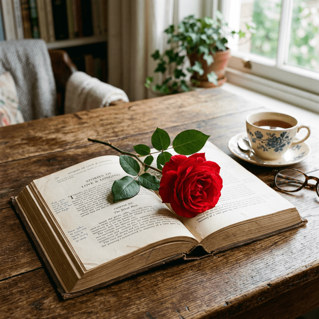 Open vintage book titled 'Stories of Love & Longing' with a red rose on top beside a tea cup and glasses on a wooden table