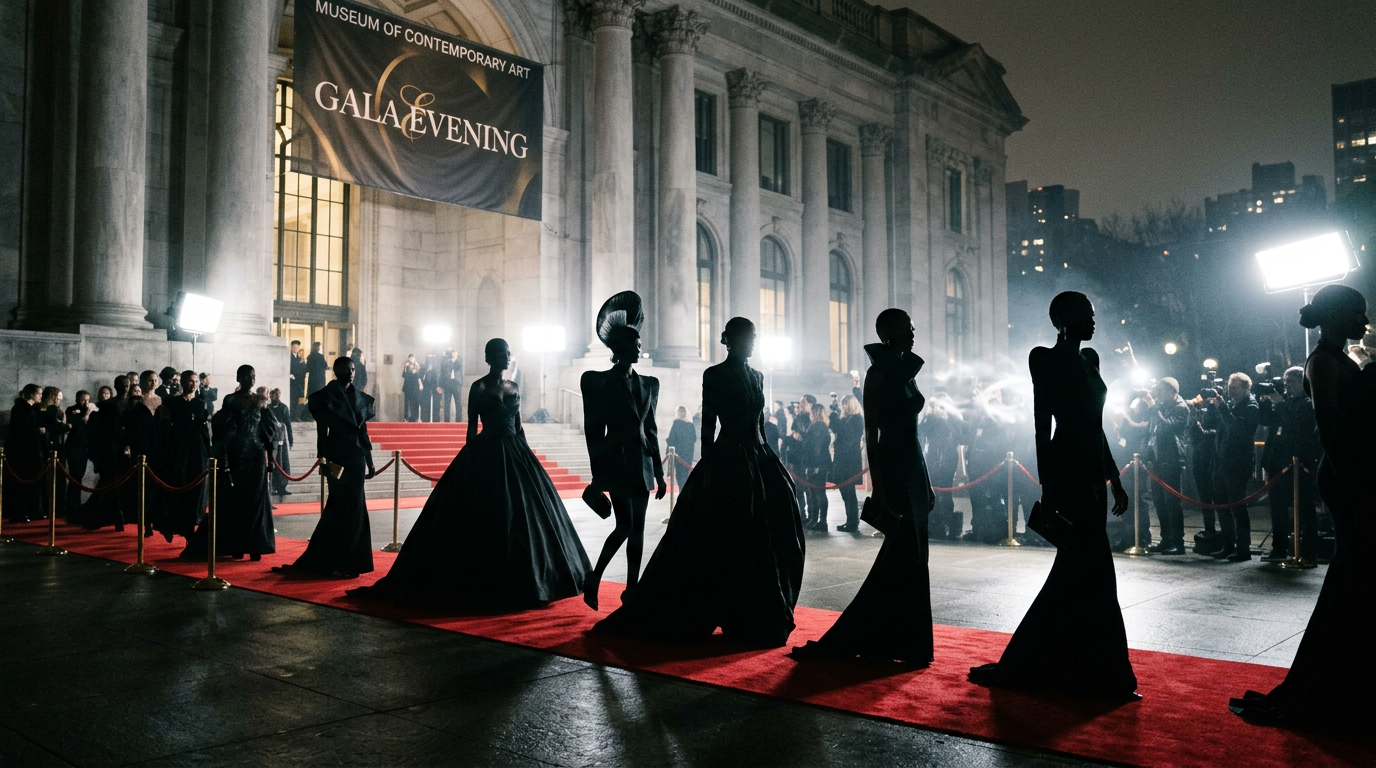 Models in black gowns walking on a red carpet outside a grand building at night, with photographers taking pictures.